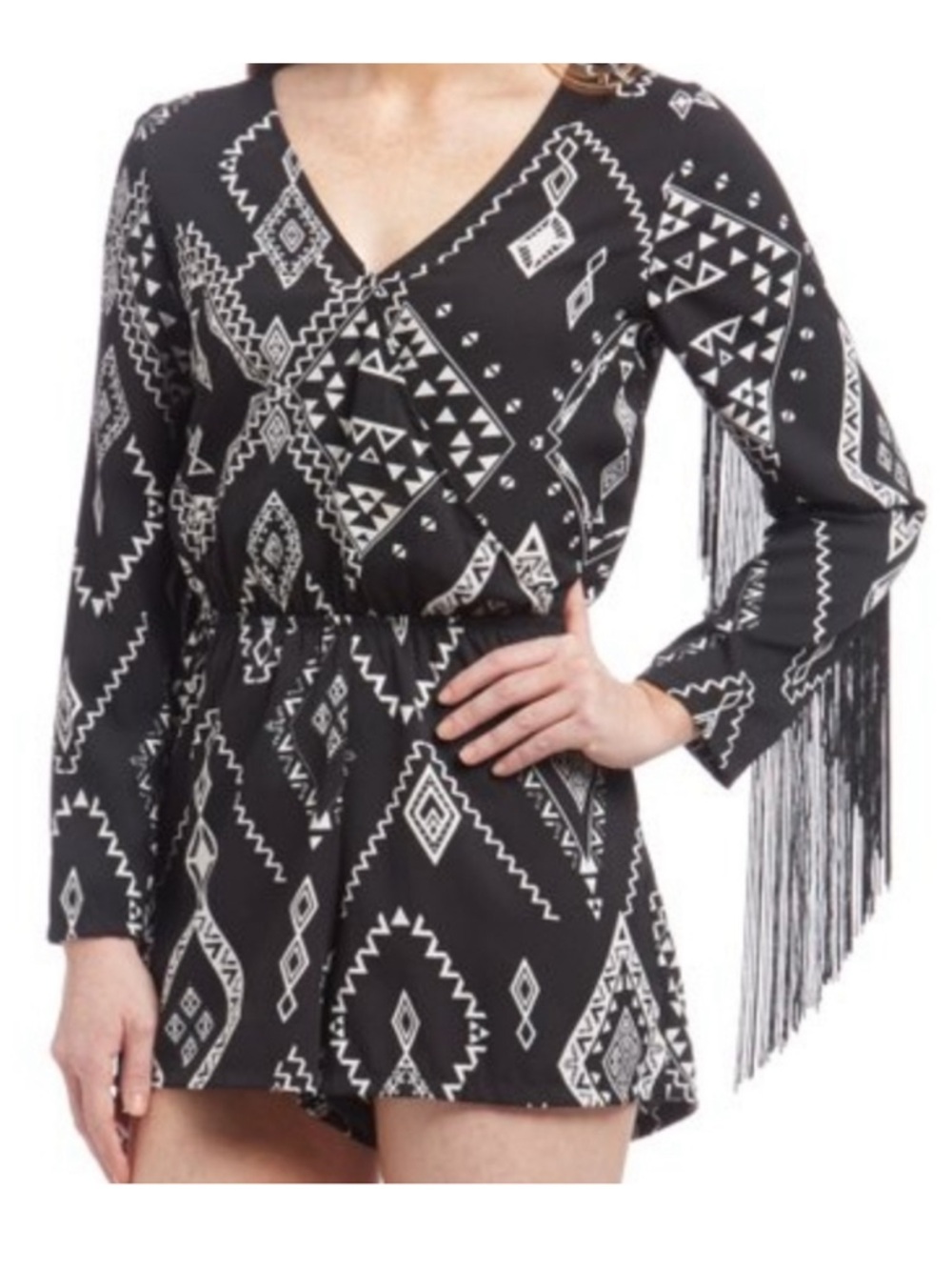 NWT True Destiny Tribal Aztec Print Fringe Romper - Size Large